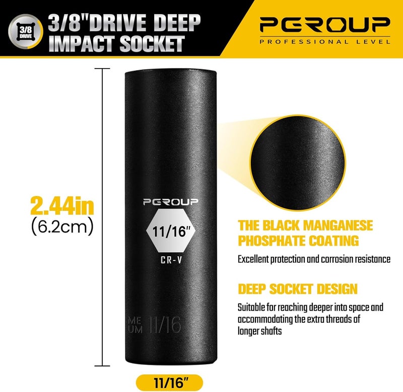 pgroup 3/8” Drive Deep Impact Socket, SAE(11/16 Inch socket), 6-Point, Cr-V Steel With Black Manganese Phosphate Coating - Image 2